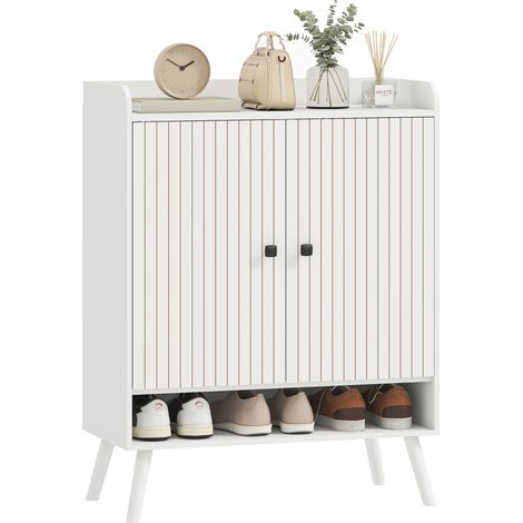 HOMCOM zapatero de 2 puertas en lamas, estantes ajustables, compartimento abierto, para 15 pares de zapatos, 75x35x97 cm, blanco (1/5)