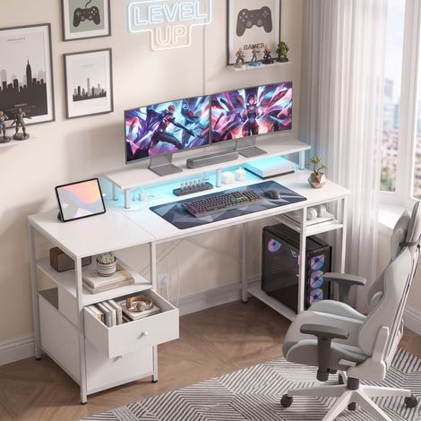 Bureau avec éclairage LED, tiroirs, prises électriques, ports USB et support pour écran, 155,5 x 48 x 88,5 cm, blanc (1/5)