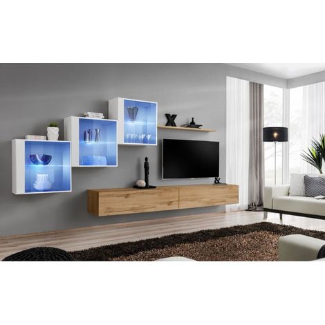 Ensemble mural - Switch XX - 3 vitrines - 2 bancs TV - 1 étagère - Bois et blanc - Modèle 2 - Livraison gratuite
