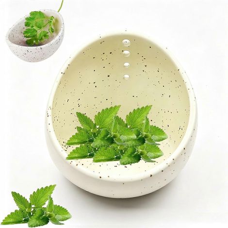 Bol à éplucher les herbes en céramique (blanc)  Outil pour éplucher les herbes aromatiques, en céramique, finition mouchetée, pour la préparation des aliments (1/5)