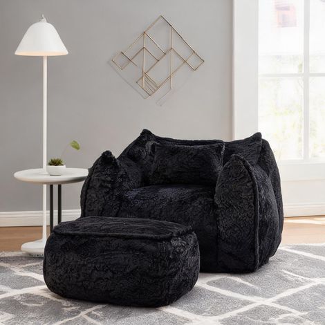Pouf poire en fausse fourrure avec coussin et repose-pieds noir (1/5)