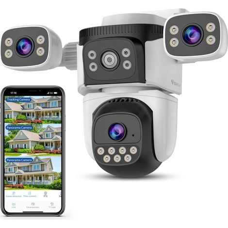 Außenüberwachungskamera mit drei Linsen, 360°-Ansicht, 2,4-GHz-WLAN, Anwesenheitserkennung, Farbnachtsicht, Schwenken und Neigen, 10-facher Zoom, Zwei-Wege-Audio, Plug-in-Kameras, lokaler und Cloud-Sp