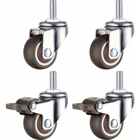 Roulette Pivotante Robuste en Caoutchouc à Tige Filetée M8 pour Chariot à Main, Tables de Travail, Roues Meuble, 1.5 inch, Diamètre du filetage : 8mm, longueur 20mm, 2PCS avec frein + 2PCS sans frein- (1/4)