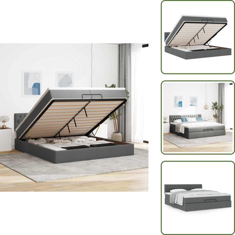 Stauraum - vidaXL Ottoman-Bett mit Matratze Dunkelgrau 200x200 cm Stoff - Hydraulikheber (1/5)