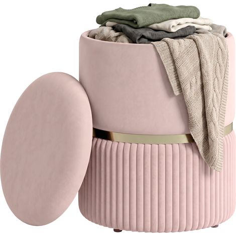 Pouf tabouret repose-pied HOMCOM coffre de rangement, en velours côtelé, design moderne, 36 x 36 x 44 cm, pour salon, chambre, rose (1/5)