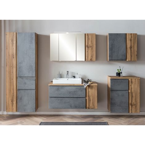 Badmöbel Set mit Aufsatzleuchte und Keramik-Aufsatzbecken, Wotan Eiche Nb. mit Betonoptik, VASTO-03-CONCRETE, B/H/T ca. 265/200/47 cm (1/5)