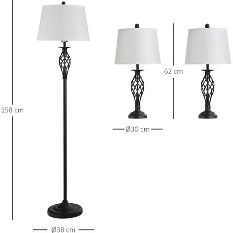 Ensemble de 3 lampes : 2 lampes de table (ø38 x 158H cm) + 1 lampadaire (ø30 x 62H cm), lampadaire vintage avec interrupteur au pied, lampe de lecture pour salon ou chambre, en métal noir et blanc (1/5)