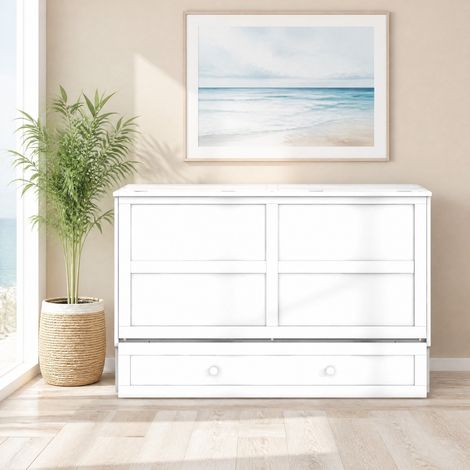 140 x 200 cm Schrankbett mit Schublade, Seitenregalen, klappbarer Struktur, weiß HAVRYA (1/5)