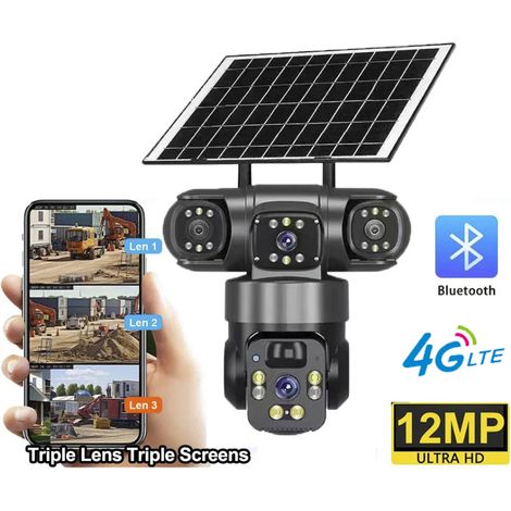 Caméra de sécurité 4G, caméra de sécurité à énergie solaire, batterie 8000 mAh, couleur nocturne, triple caméra PIR à 360 degrés pour la maison ou le bureau (1/5)