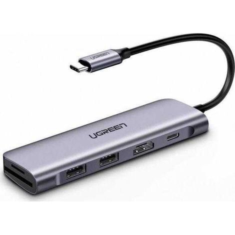 Adaptateur / Hub 6 en 1 ugreen Revodok CM195 : USB-C vers 2 ports USB 3.0, HDMI, SD/microSD, 100 W (gris)