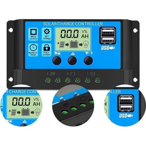 Regolatore di carica per pannelli solari, 12V/24V, 30A, schermo LCD, doppia porta USB (1/5)