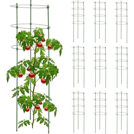 Lot de 10 tuteurs à tomates Métal et plastique Hauteur 90 cm 4 anneaux réglables pour plantes grimpantes Vert (1/5)