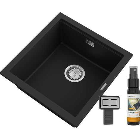 Évier en Granit Granitan TUGA48 Sous-Plan avec Siphon et Produit GraniProtect Noir 1 Bac (1/5)