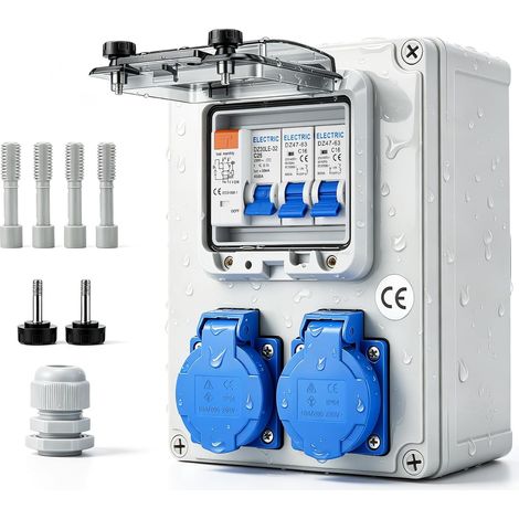 Répartiteur de Courant avec Interrupteur FI 30mA, Coffret Electrique Etanche Exterieur IP67, Tableau Electrique Etanche avec 2 Prises Schuko 230V et 2 Disjoncteurs C16A, pour Intérieur et Extérieur (1/5)