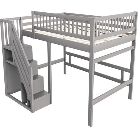 Lit mezzanine 140 x 200 avec escalier de rangement, garde-corps haut, gris, HOMVRA (1/5)