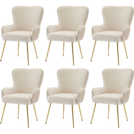 Lot de 6 chaises de salle à manger en velours beige, dossier capitonné, accoudoirs et pieds métalliques dorés réglables, confort ergonomique - CHICFURN (1/5)