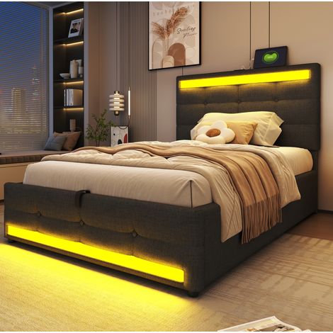 Cama tapizada gris 90x200 cm con LED RGB, 2 puertos USB y cabecero ajustable (1/5)