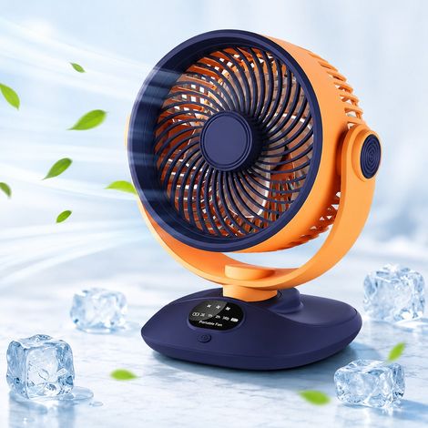 Tischventilator – USB-wiederaufladbarer Ventilator – Umluftventilator – Oszillierender Ventilator – Ventilator mit LED-Anzeige – Kabelloser Ventilator – Leiser Ventilator – Blau-Orange (1/5)