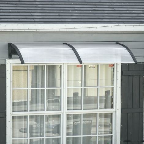 200 x 96 cm große, transparente Außenüberdachung aus Polycarbonat und Aluminium für Balkonfenster und -türen.