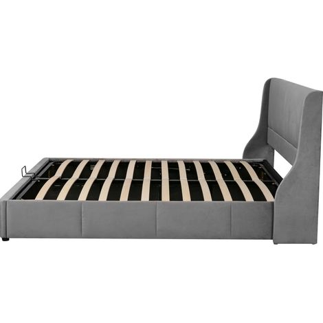 Lit coffre capitonné gris 180 x 200 avec tête de lit oreilles et sommier (1/5)