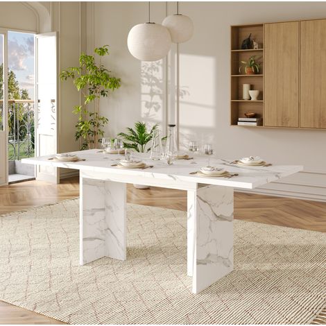 Table à manger extensible MDF effet marbre blanc 140-180x80 cm pour 6 à 8 personnes (1/5)