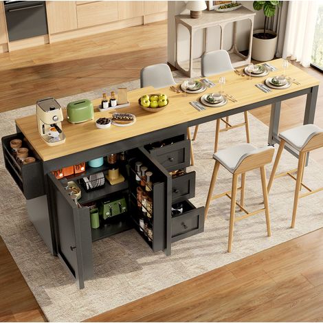 Îlot de cuisine extensible 116-179,5 cm avec 3 tiroirs, rangements latéraux et roulettes, MDF et métal - noir (1/5)
