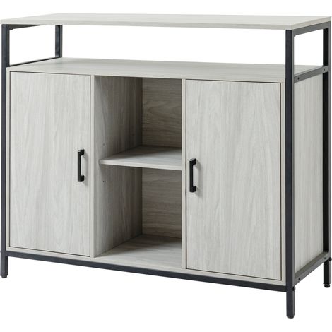 Crédence Moderne en Bois avec 2 Armoires et Étagères, Meuble de Cuisine et d'Entrée Gris Clair, 100x34x87.2cm (1/5)