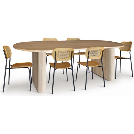 Table ovale effet bois 220cm + 6 chaises en rotin et bois (1/5)
