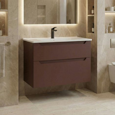 Meuble vasque suspendu 85 cm rouge 2 tiroirs ELYO (1/4)