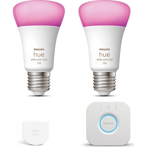 Philips Hue Kit de démarrage E27 avec 2 Ampoules Standard Lumière blanche et colorée - Incl. 1 Bridge, 1 Interrupteur mural - White and Color Ambiance (1/5)