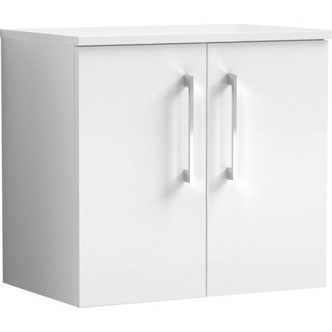 Balterley Bramshall 600mm Wall Hung 2-Door Vanity Unit with Worktop, Soft Close Doors, Wall Mounted, 600 x 557 x 383mm, Gloss White (1/3)