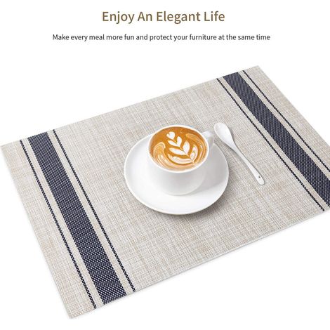 Sets de table encadrés bleus et blancs, lot de 4 – Résistants à la chaleur, antidérapants, lavables et durables en vinyle PVC tissé (encadrés bleus et blancs, lot de 4) (1/5)
