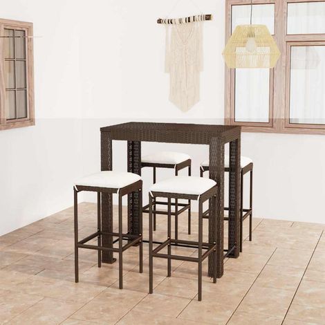Ensemble Table de bar + 4 Chaises de bar de jardin - Table Haute avec 4 Tabourets et coussins Résine tressée Marron BV279775 - BonneVie (1/5)