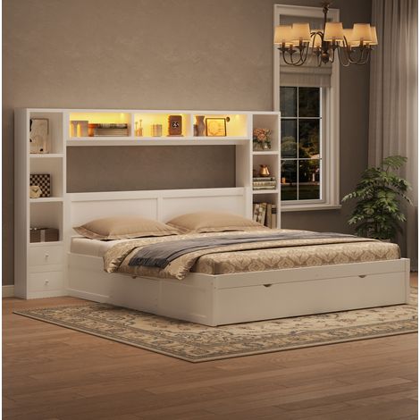 Cama con almacenaje 140x200 cm de madera blanca, 7 cajones para dormitorio, sin colchón FloraGrace (1/5)