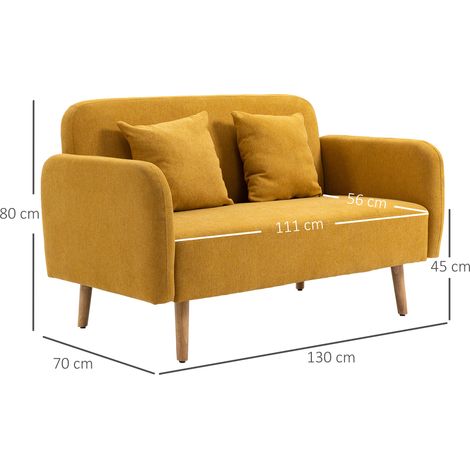 Canapé 2 places avec 2 coussins décoratifs, petite causeuse avec revêtement en velours, canapé moderne capitonné pour salon, chambre, petite pièce, jaune, 130 x 70 x 80 cm (1/5)
