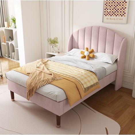 Letto imbottito moderno 90x200 cm in velluto rosa con testiera alta e rete a doghe in legno (1/5)