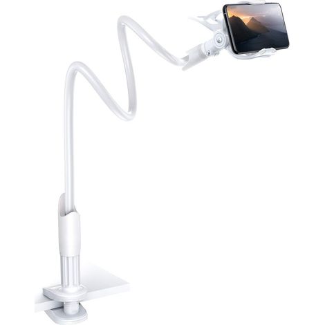 Support de téléphone portable avec bras flexible et long, blanc, idéal pour le lit ou le bureau.