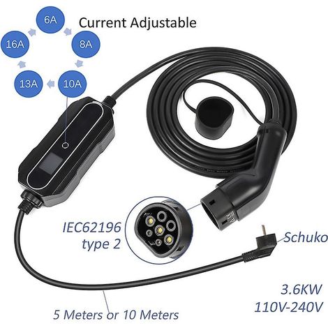 Chargeur portable pour véhicules électriques de type 2, type 1, mode 2, niveau 2, câble de recharge 16 A/24 A/32 A, 5 m (1/5)
