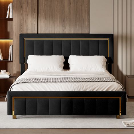 BSMGSGN-Lit coffre 140x200 cm en velours, lit double capitonné 2 places avec rangement hydraulique, sommier à lattes et tête de lit rembourrée, pour adultes et adolescents, sans matelas, Noir (1/5)