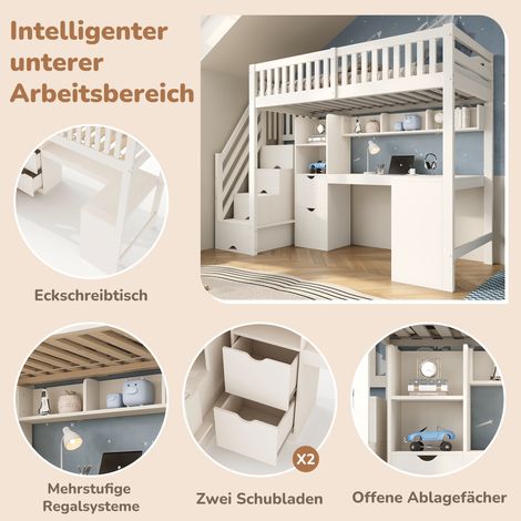 Lit superposé enfant 90x200 cm blanc, échelle intégrée, armoire et coin bureau avec tiroirs, structure bois compacte pour chambre ado, espace de rangement optimisé, sans matelas (1/5)