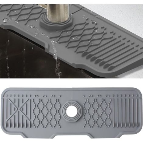 Tapis de Robinet Silicone, Protection Anti-Éclaboussures pour Robinet d'Évier, Plateau Anti-Gouttes pour Poignée Robinet, Tapis d'Évier pour Comptoir de Cuisine et de Salle de Bain (Gris, 43 cm) (1/5)
