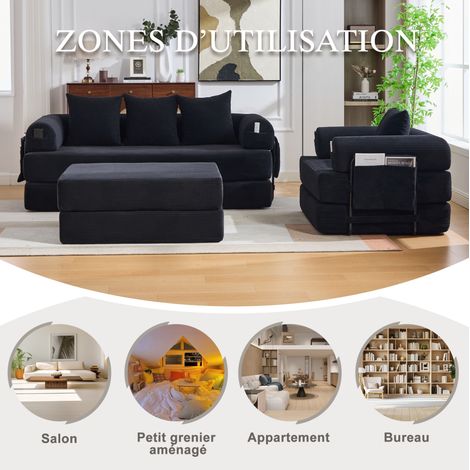 Sofá modular negro 200x190x67 cm con puf y almacenaje – MEUBLIV (1/5)