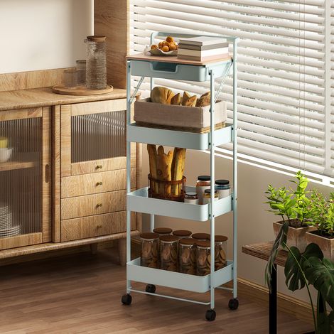 Chariot utilitaire à roulettes à 4 niveaux avec tiroir, plateau et paniers métalliques pour chambre, salle de bain, cuisine, vert clair