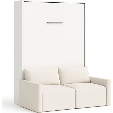 Lit escamotable vertical avec canapé tissu VALENCIA Naturel Matelas mousse 18 cm-Avec matelas-160x200-Canapé Naturel-Structure Blanche (1/5)