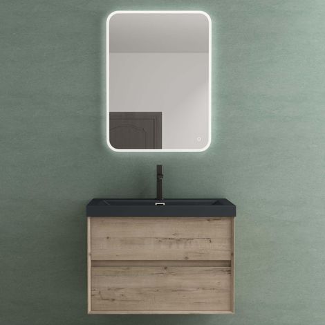 Mai & Mai Mobile Bagno Sospeso 76,5cm, Mobiletto per Bagno con 2 Cassetti Include Lavabo Antracite opaco e Specchio LED Rimo F161, Rovere chiaro (1/5)
