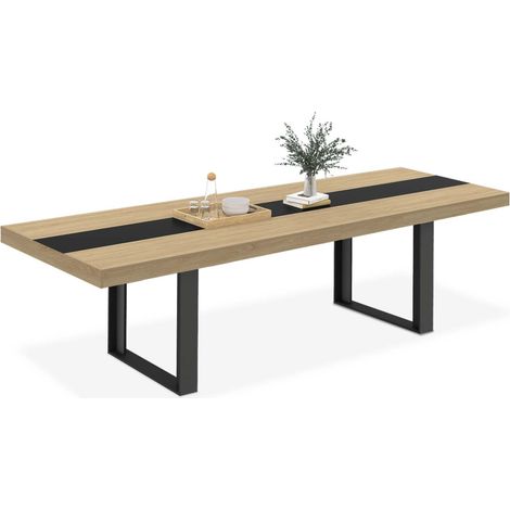 Idmarket – Table extensible rectangle 6-12 personnes – Bois clair et noir – Longueur 200-300 cm – Design moderne avec bande centrale
