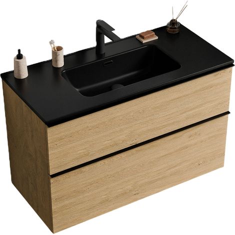 Waschtischunterschrank Bernstein LAVOA 100 cm mit Waschbecken - Badmöbelfarbe Eiche Honiggold, Waschbecken Schwarz matt, Griff Schwarz matt