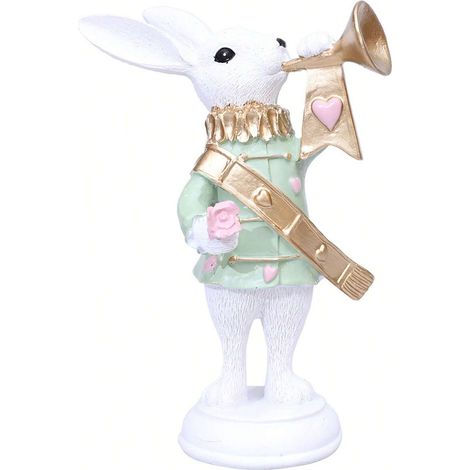 Figurine élégante de lapin de Pâques, design de trompette avec sceptre, statue de lapin en résine, décoration festive pour votre maison, cadeau parfait pour maman. (1/4)