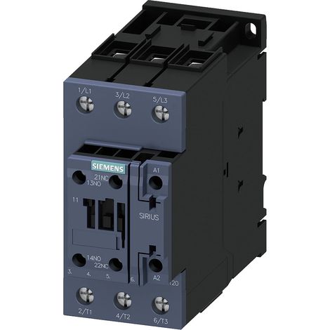 Siemens Contactor, AC-3e, 40 A/18,5 kW/400V, 3 polos, AC 230V/50Hz, 1NO+1NC, conexión por tornillo, 3RT20351AP00