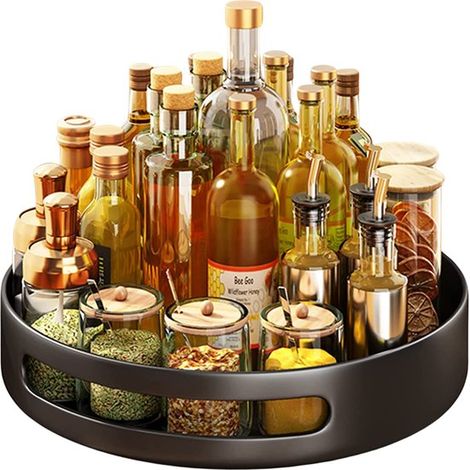 Plateau tournant – 25 cm – Organisateur de cuisine rotatif – Métal noir – Gain de place